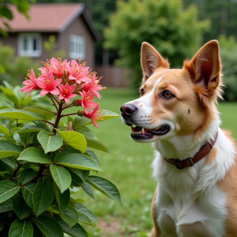 Abelia plant and a curious dog