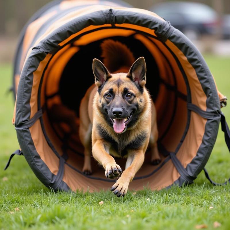 Adult Belgian Malinois showcasing its agility skills on an obstacle course.