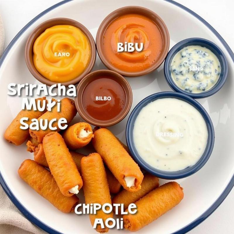 Adventurous corn dog dipping sauces: sriracha mayo, BBQ sauce, blue cheese dressing, and chipotle aioli.