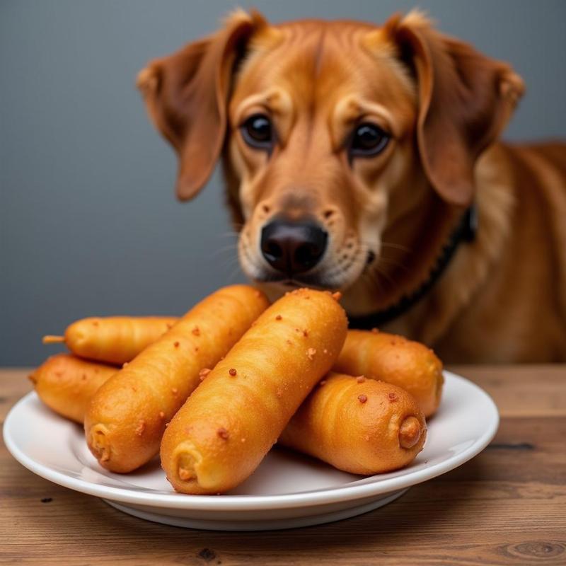 Dog looking at air fryer corn dogs