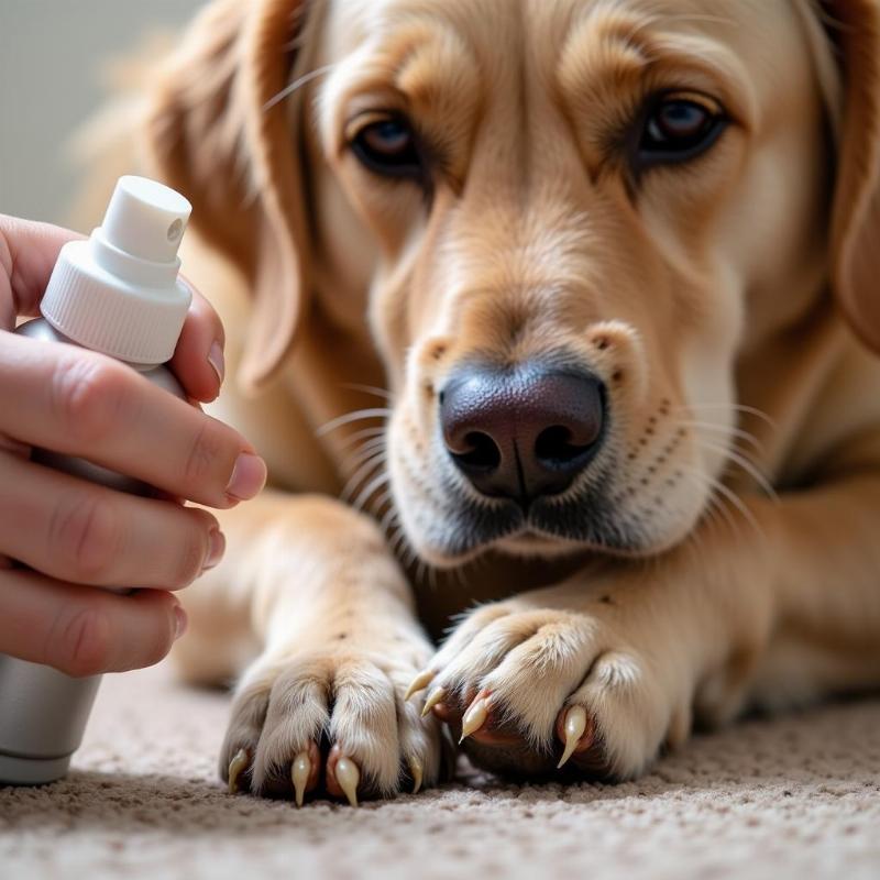 Anti-slip spray being applied to a senior dog's paws