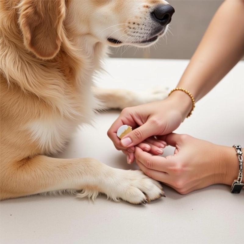 Applying peel and stick paw pads to a dog