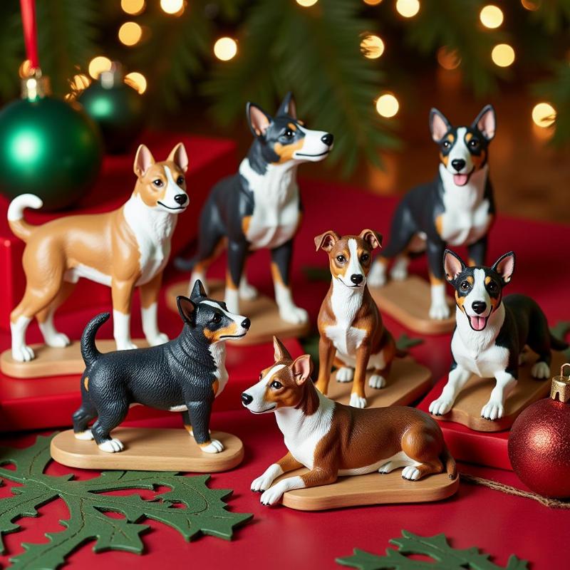 A collection of various Australian Cattle Dog Christmas ornaments displayed on a festive background.