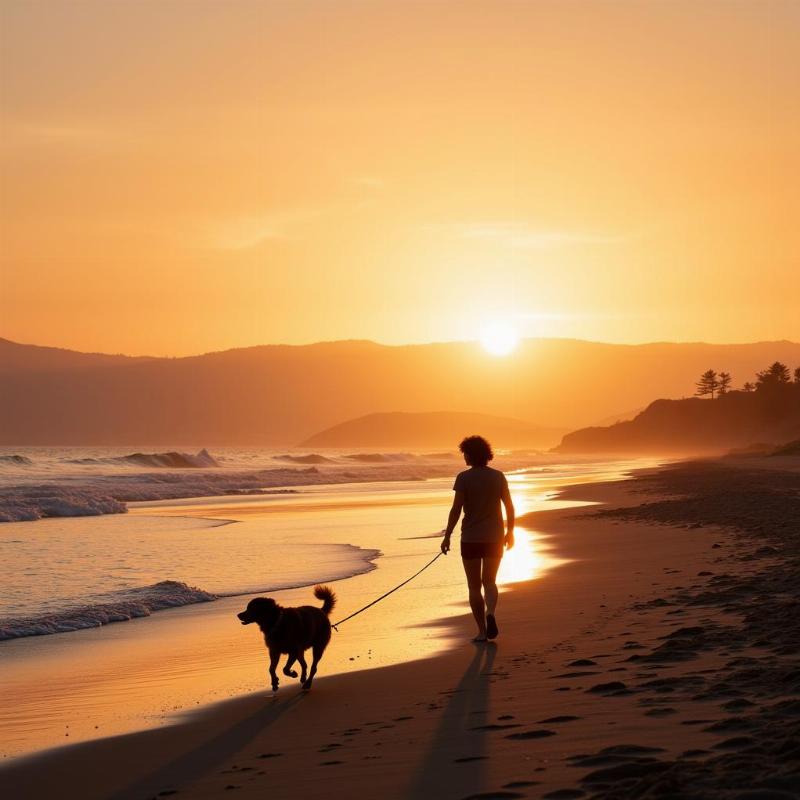 Dog and owner walking on the beach in Avila Beach