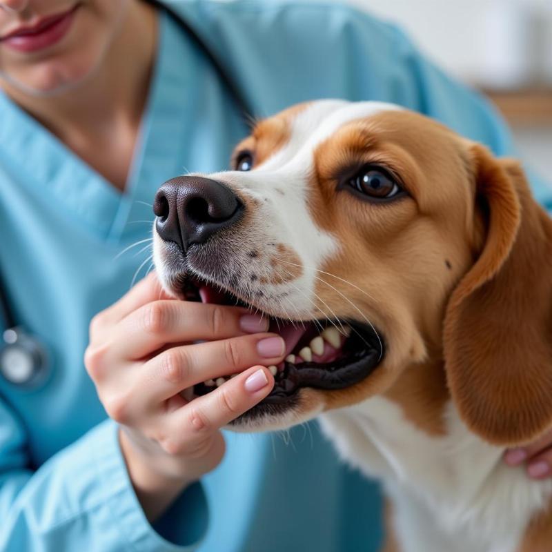 Veterinarian checking dog's teeth