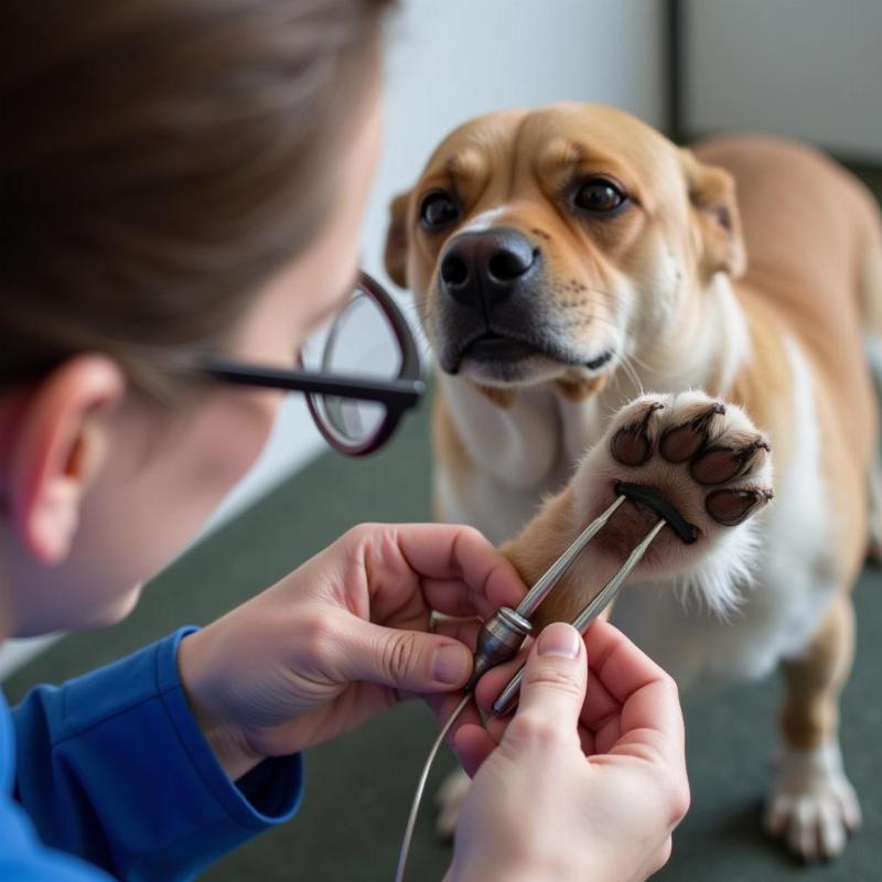 Veterinarian removing grass seed from dog's paw