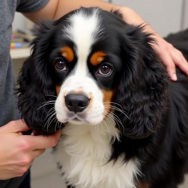 Bernese Mountain Dog King Charles Mix being groomed