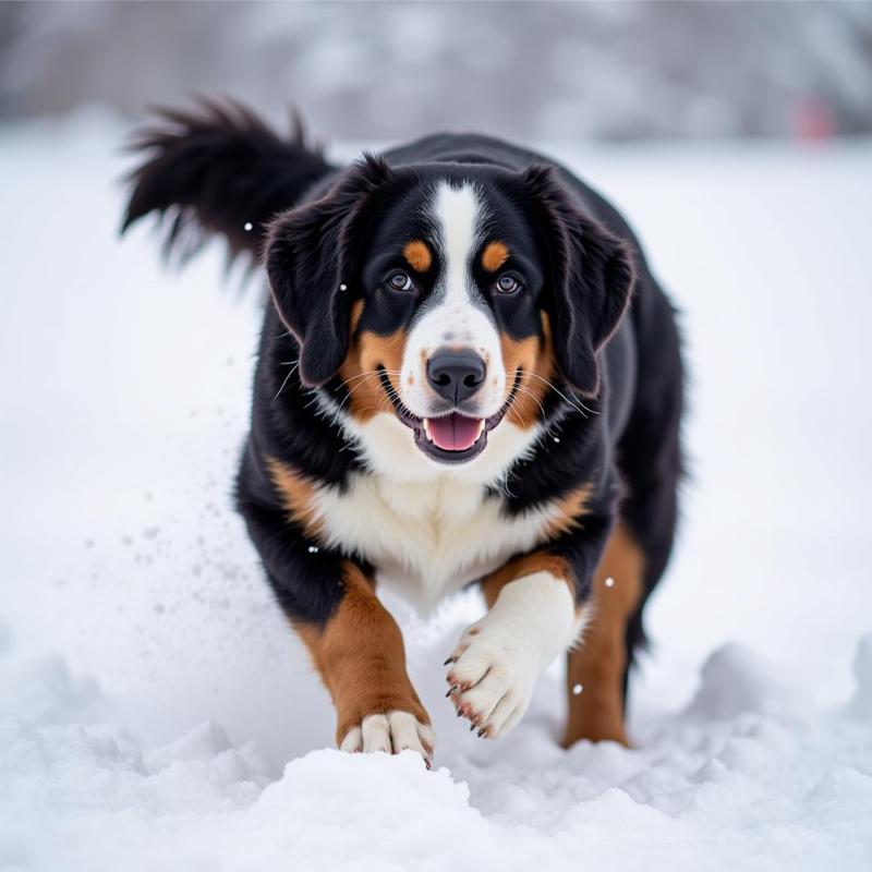 Bernese Mountain Dog Playing in Snow