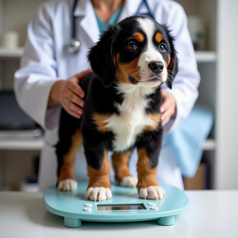 A Bernese Mountain Dog puppy being weighed on a scale