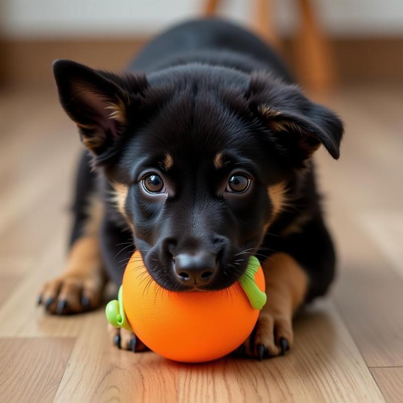 Black German Shepherd puppy playing with a toy