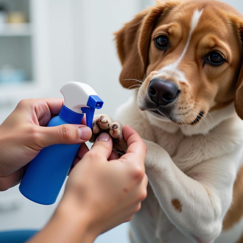 Applying blue wound spray to a dog's paw