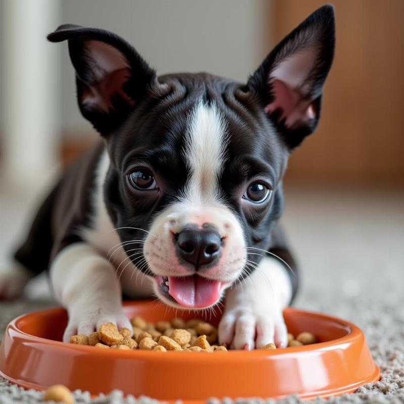 Boston Terrier puppy enjoying its meal