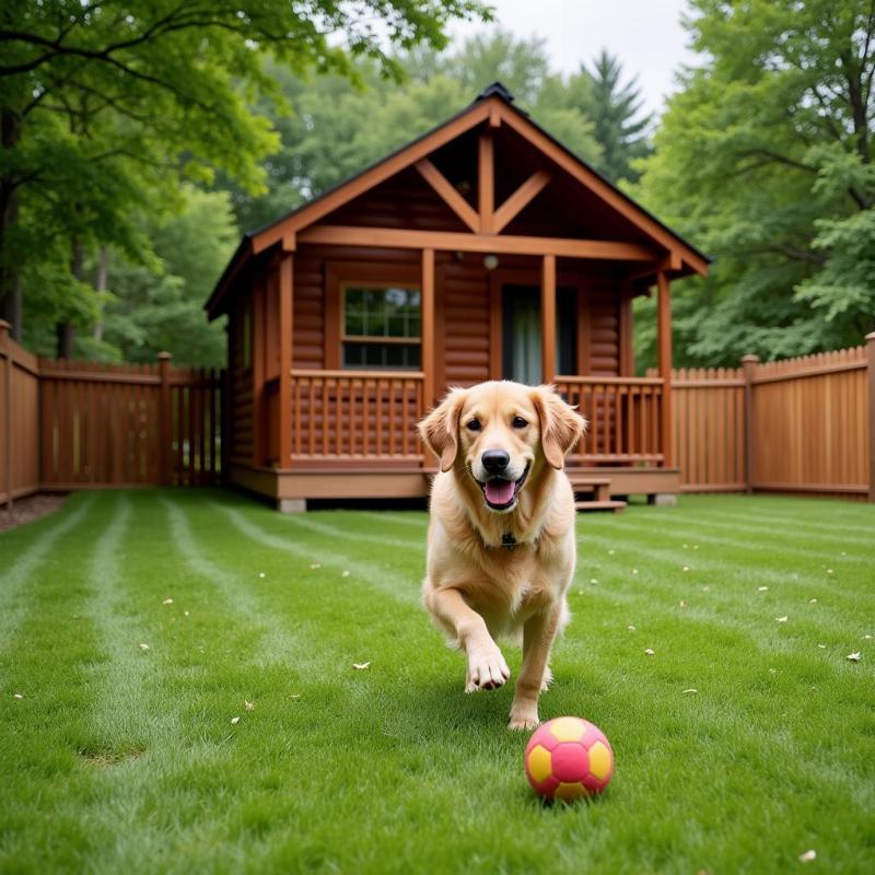 Dog happily playing in a fenced yard at a cabin