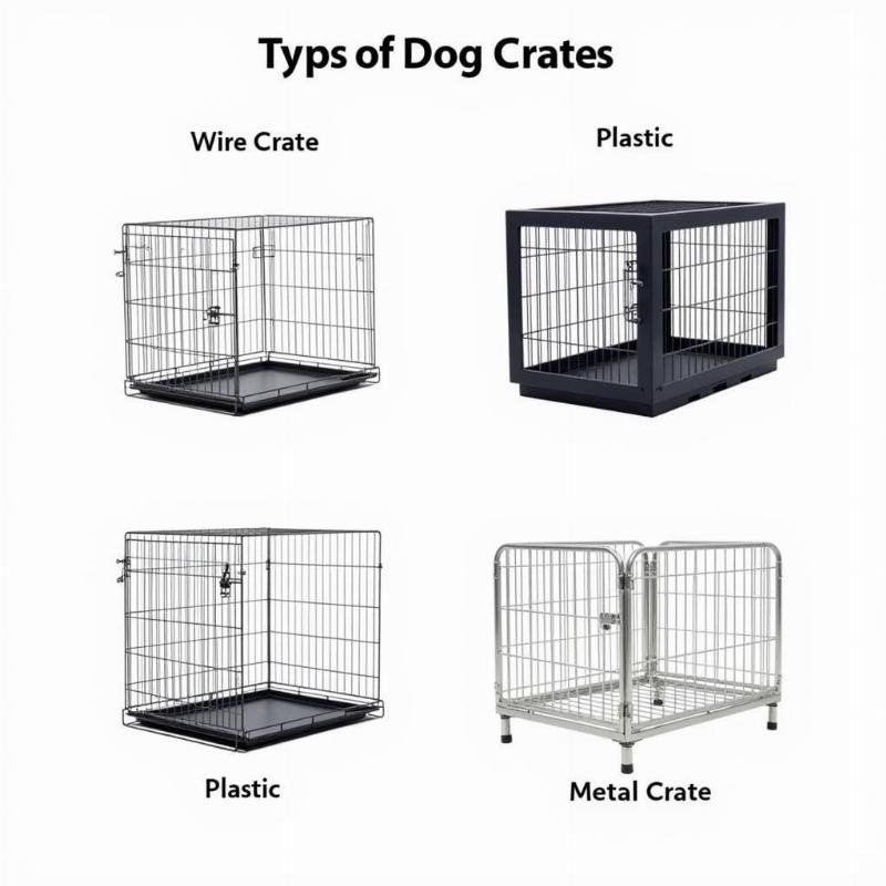 Different types of dog crates - wire, plastic, and metal