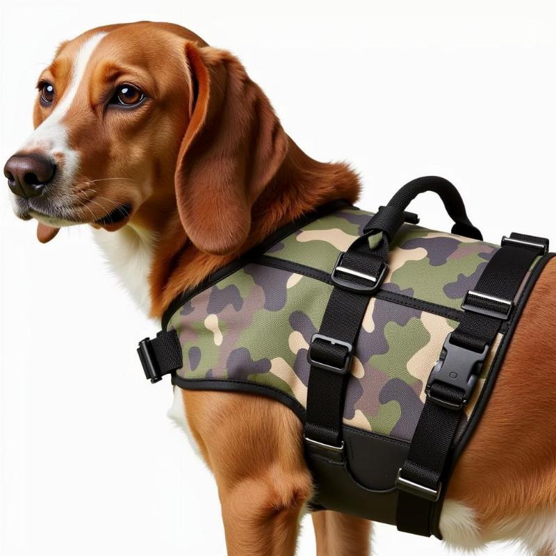 Camo life vest fitting on a dog