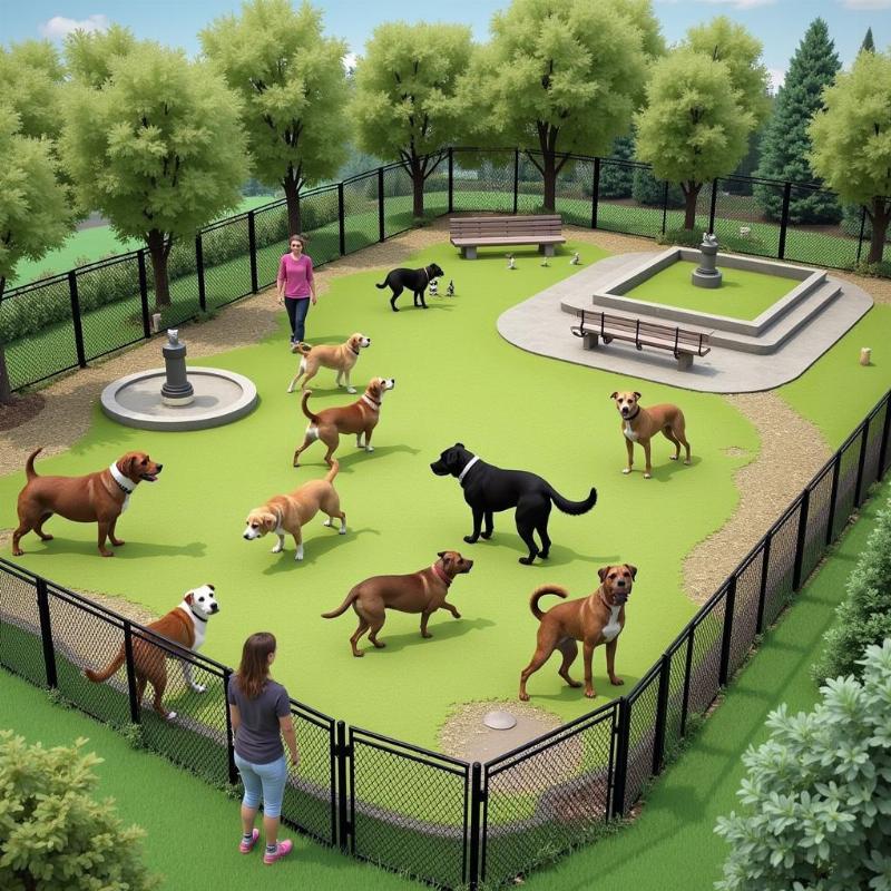 Centennial Dog Park Nashville: A fenced-in area with separate sections for small and large dogs, water fountains, and benches for owners.