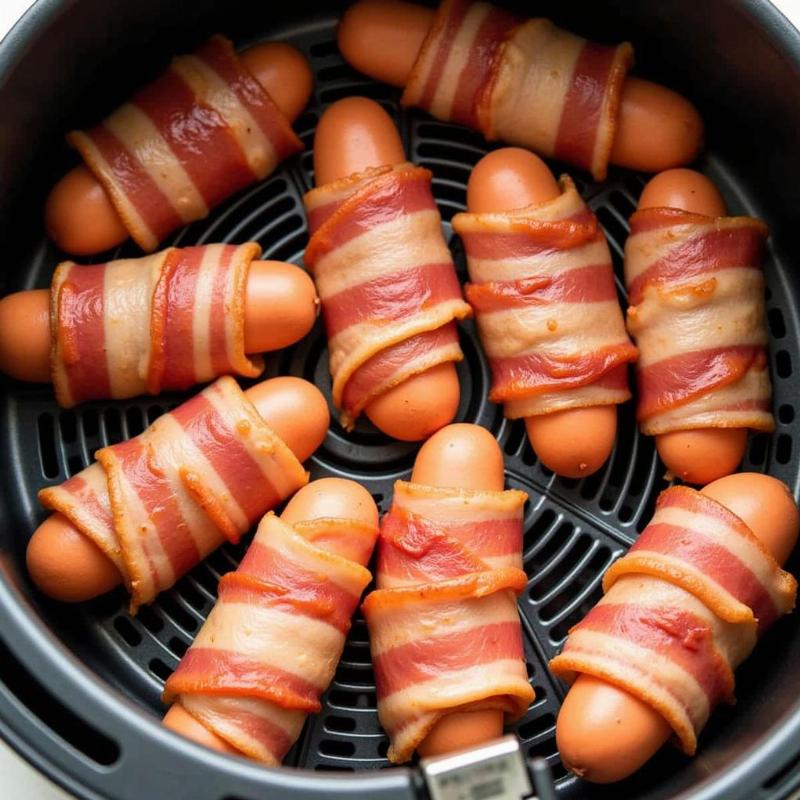 Air frying bacon-wrapped hot dogs