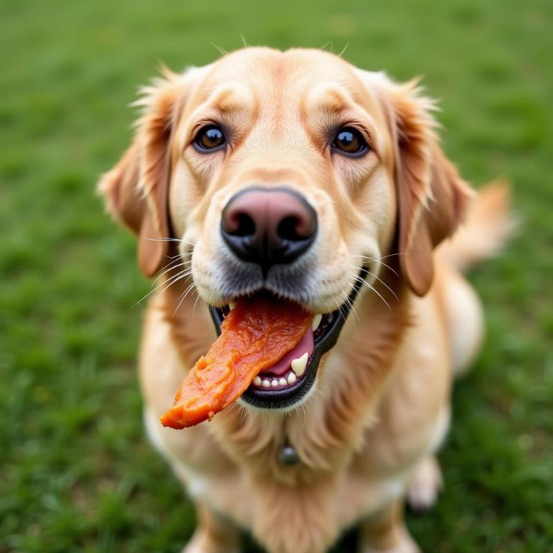 Dog enjoying chicken jerky