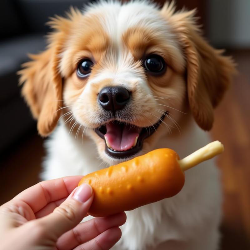 A dog looking longingly at a corn dog