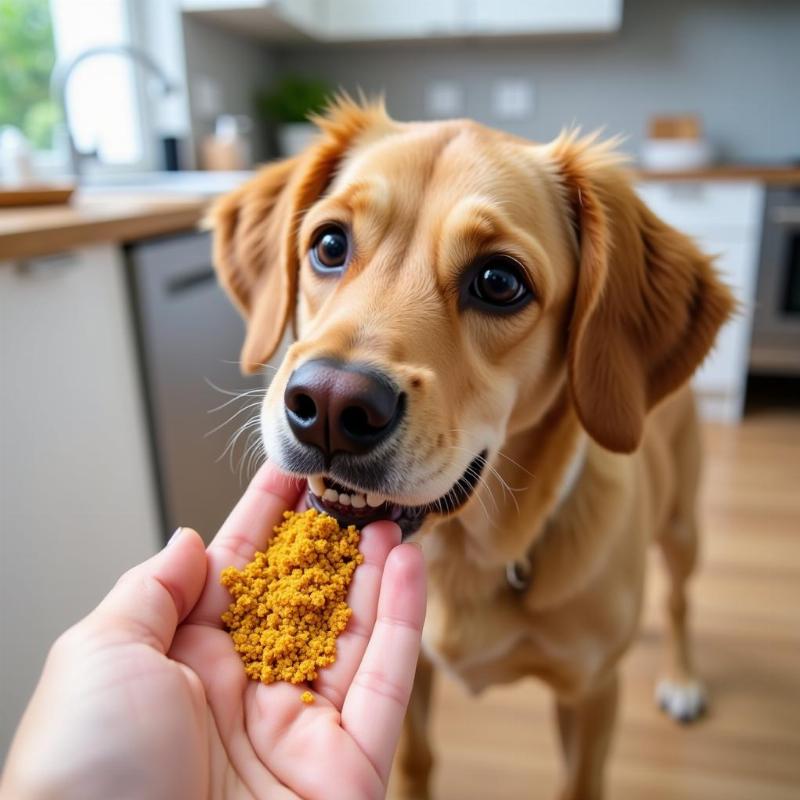 A dog eating bee pollen