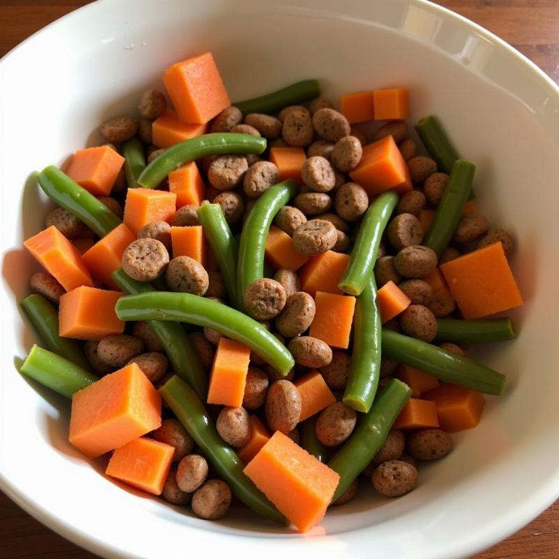 Dog eating vegetables mixed with kibble