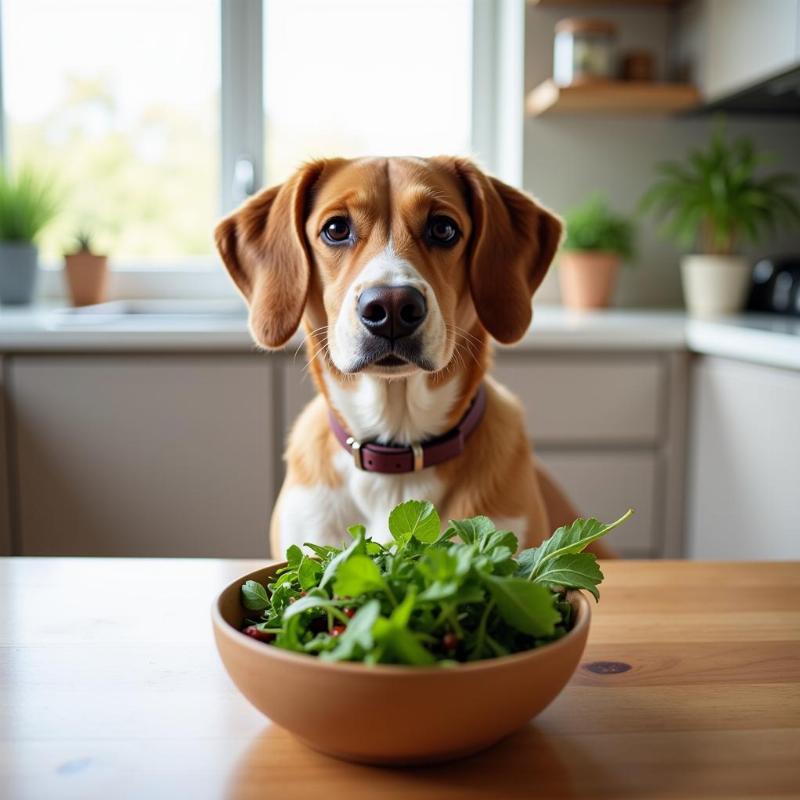 Dog Eating Salad with Arugula