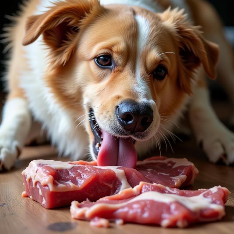 A dog eating raw meat