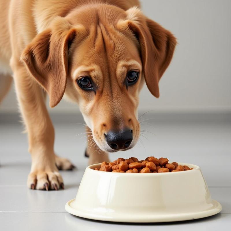 Dog eating fish food