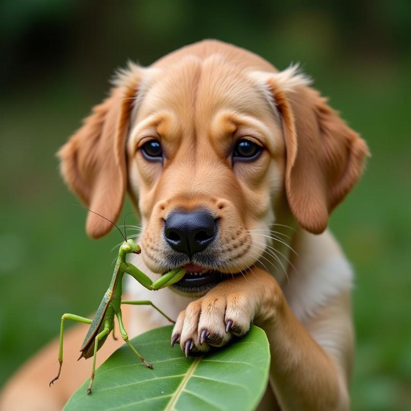 Dog bitten by a praying mantis