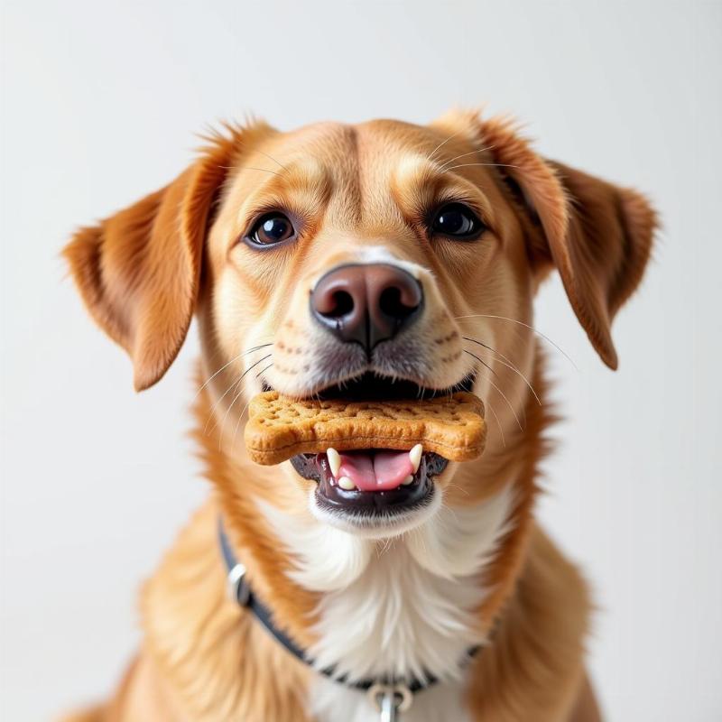 Dog enjoying breath-freshening biscuit