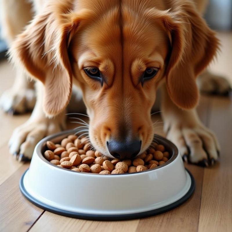 Dog eating food for healthy skin and coat