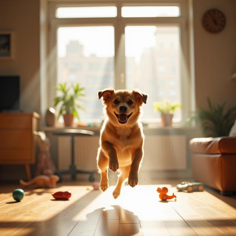 A playful dog jumping around a brightly lit apartment.