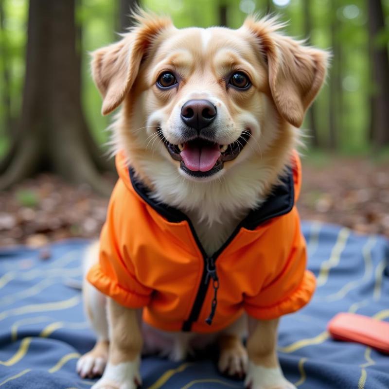 Dog wearing a coat while camping