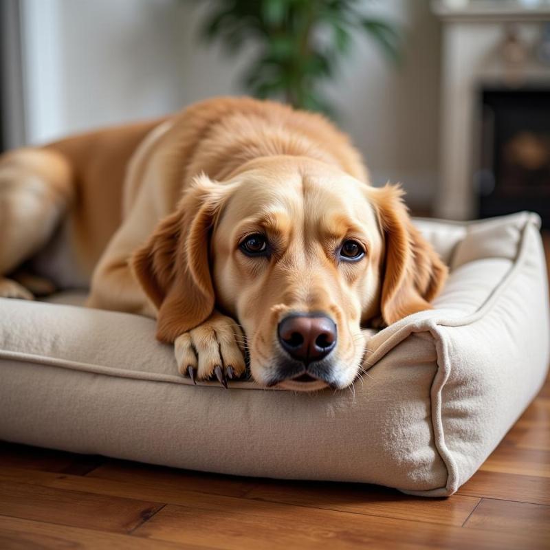 Senior dog with arthritis resting on a comfortable orthopedic dog bed