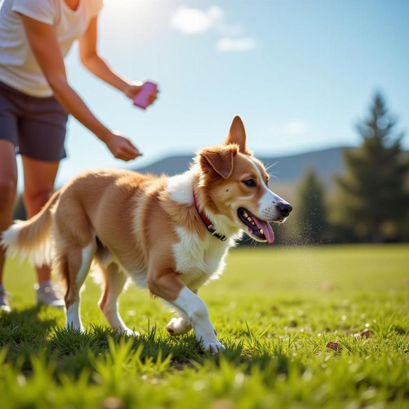 A dog playing fetch in sunny weather.