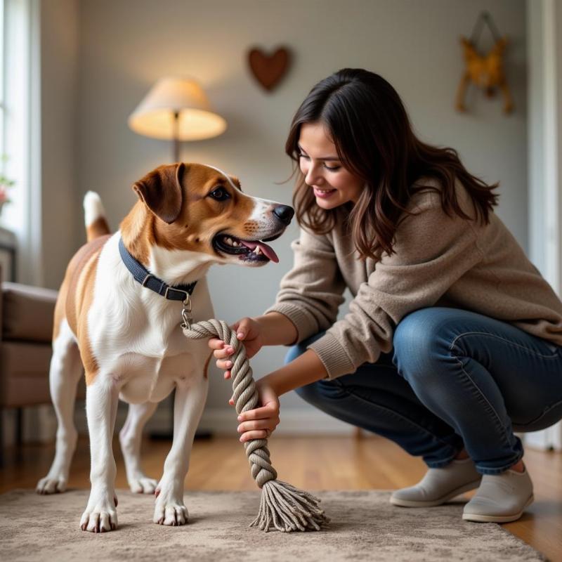 Dog playing tug-of-war with owner