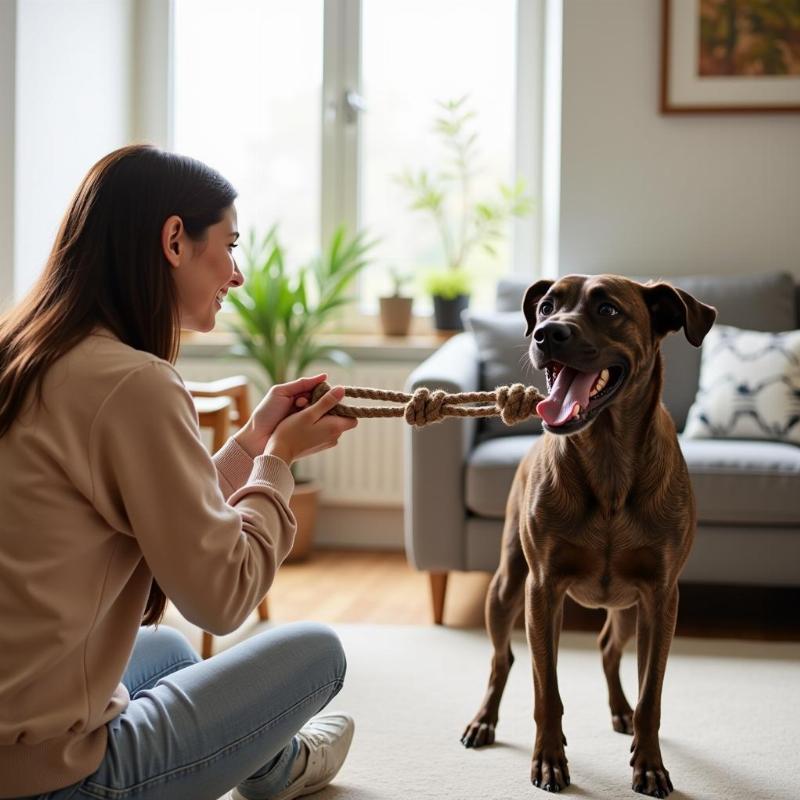 Dog playing tug-of-war indoors