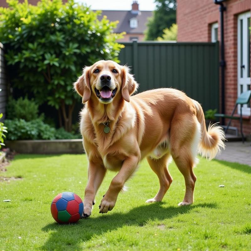 Dog playing in a designated area of the yard