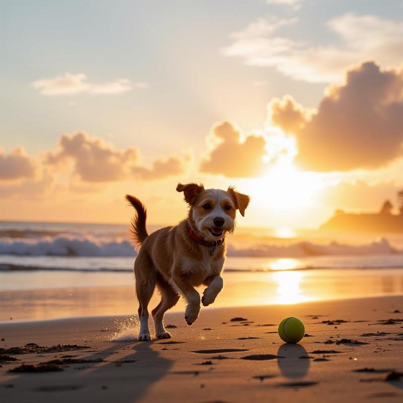 Dog playing on the beach in the early morning