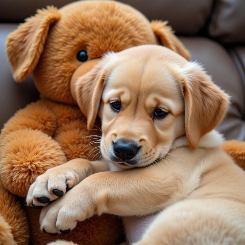 Puppy cuddling a large stuffed animal