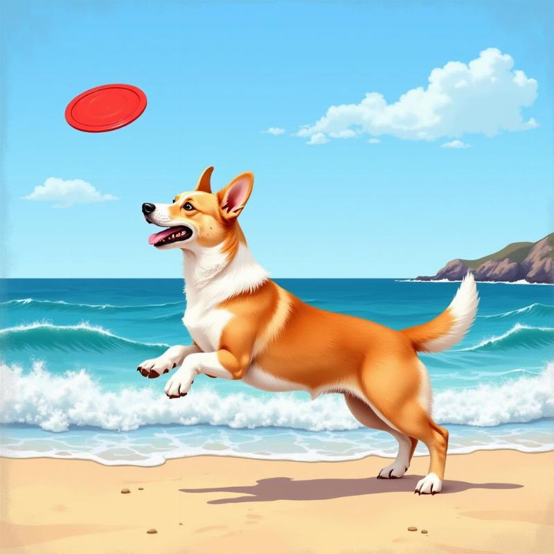 Corgi dog playing on the beach