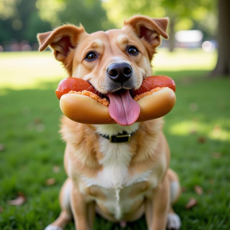 Dog Enjoying a Salmon Hot Dog