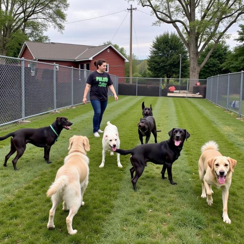 Dogs playing together at a dog boarding facility in Panama City Beach