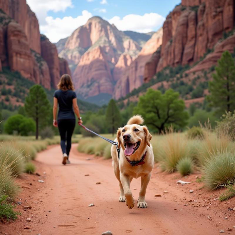 Dog exploring Zion National Park with its owner