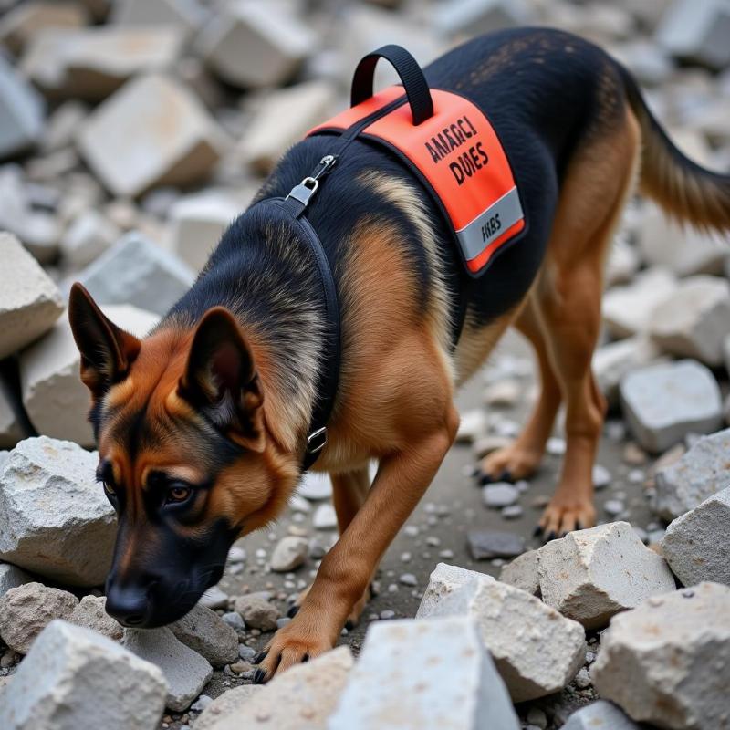 Dog performing search and rescue tasks