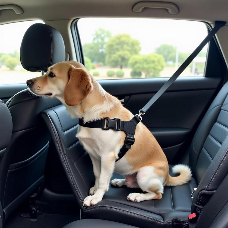 Dog safely secured in a car