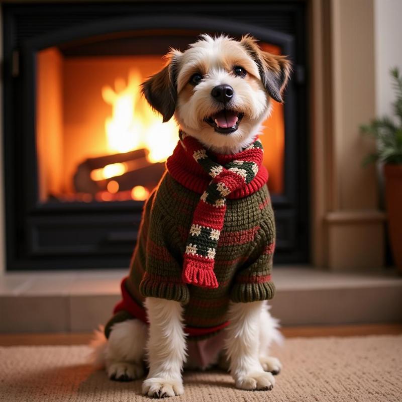 A dog wearing a finished crocheted sweater.