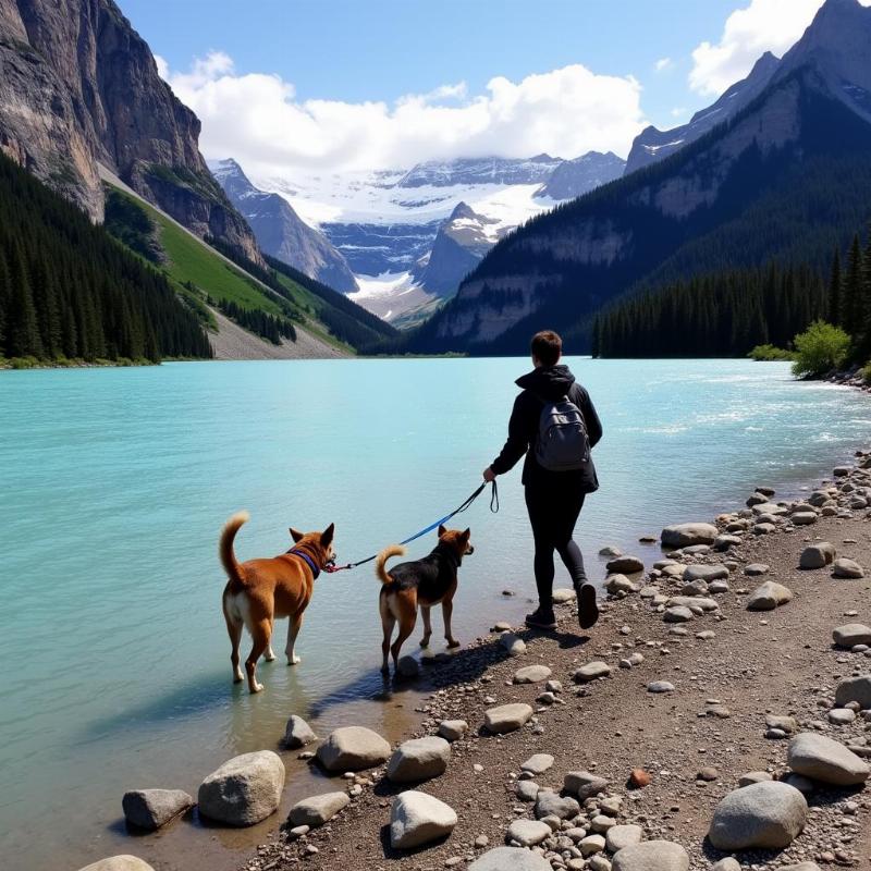 Dog walking by Banff river