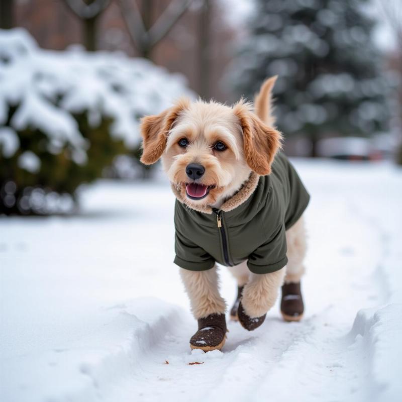 A dog walking in the snow