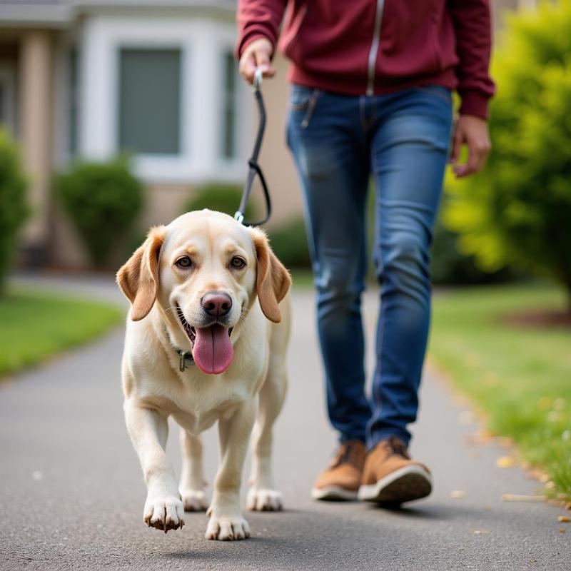 Dog walking with owner after neutering